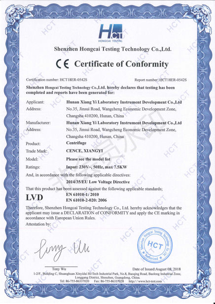 China Hunan Xiangyi Laboratory Instrument Development Co., Ltd. Certificaten